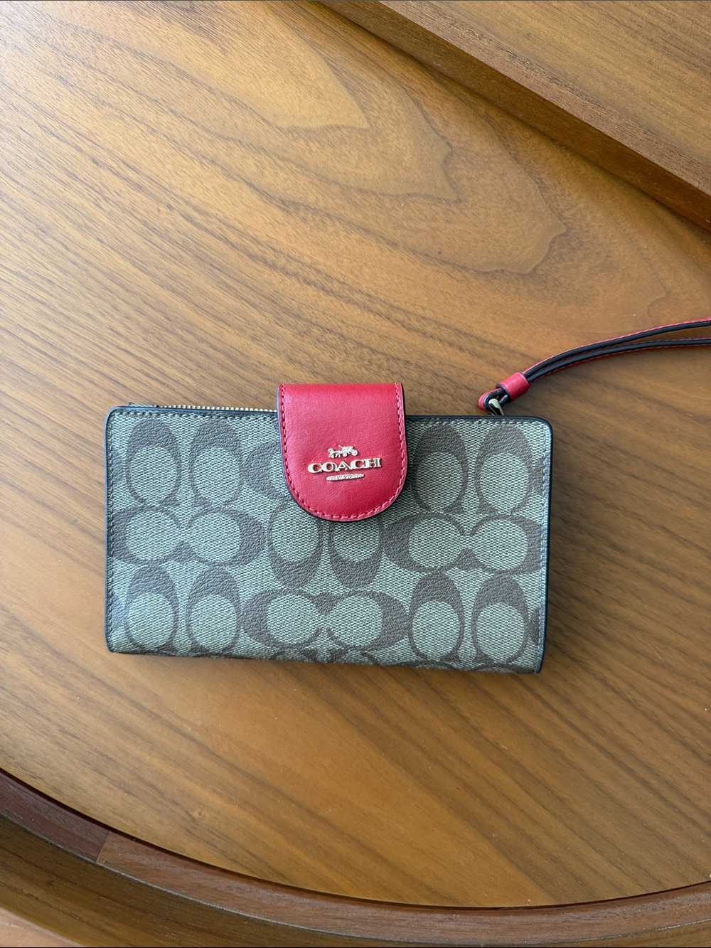 Coach Signature Canvas Wallet with Red Snap and Wrist Strap